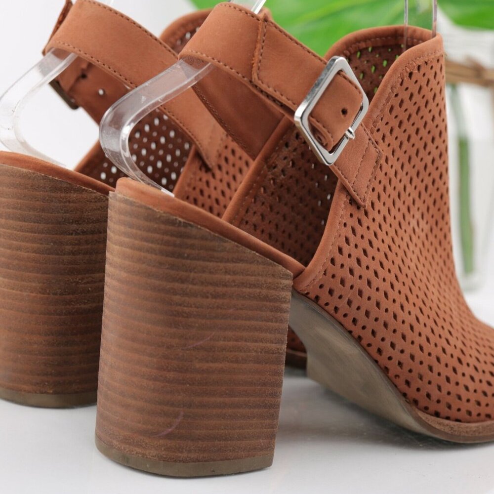 Steve Madden Womens Neptune Sandal Size 8.5 Brown Leather Block Heel Peep Toe - Picture 6 of 12